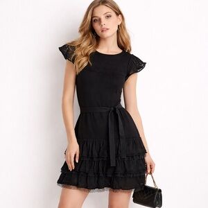 Red Valentino Black Knit Ruffle Dress Tie Waist Eyelet Lace Tiered Mini Sz XS S